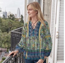 SMALL Sundance Womens Green Floral Paisley Boho Peasant Blouse Bell Sleeve NWOT picture