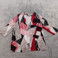Chico's Easy Wear Shirt Womens Size 2 Red Geometric 3/4 Sleeve Open Knit picture
