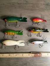 Vintage Wooden Bomber Bait Co Fishing Lures Lot (6) Metal Diving Lip Crankbaits picture