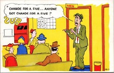 Vintage 1957 Humorous Cartoon Postcard Man Change for a Five Bus Stop Restroom picture
