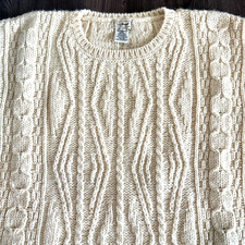 VTG LL Bean Fisherman Sweater Womens Wool Chunky Cable Knit Ireland Cream Large picture