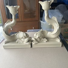 DEFECTIVE Pair of Wedgwood Drabware Candle Sticks 2000 Dolphin Fish Crea G3D picture