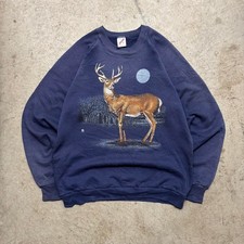 Vintage 80s Jerzees Deer Nature Crewneck Sweatshirt Navy Blue XL Suspender Fade picture