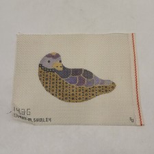 Vintage Needlepoint Handpainted Purple Bird Print W/ Gold Canvas  picture