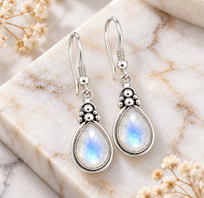 925 Sterling Silver Moonstone Pear Shape Dangle Earrings Handmade Boho Jewelry picture