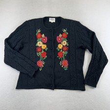 Vintage Susan Bristol Cardigan Sweater Womens L Black Embroidered Floral 90s picture