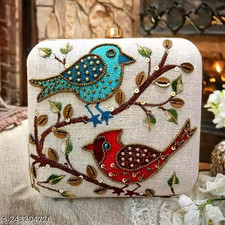 Curvique Women's Handmade Bird Embroidered Box Clutch Evening Wedding Purse picture