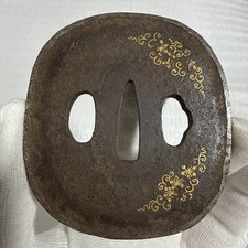 Antique Japanese Iron Tsuba – Floral Arabesque Design with Gold Detailing picture