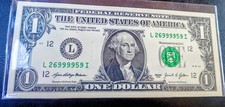 2021 $1 Fancy Serial Number Note - Quad 9s / 5 Of A Kind 26999959 Crisp UNC picture