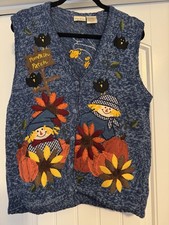 VTG Bobbie Brooks Fall Pumpkin Patch Scarecrow Sweater Vest Blue Knit Large L picture