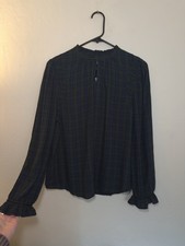 LOFT Petite S Plaid Velvet Trim Ruffle Cuff Blouse NWT picture