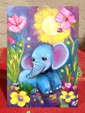 ACEO Baby Elephant Contemporary Oil Painting signed on Art Paper 3.5x2.5 OOAK picture