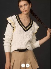 NWT Anthropologie Maeve Ruffle Varsity Cable Sweater Cream Preppy Academia L picture