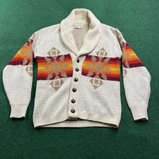 Vintage 70S Pendleton Sweater Mens M Beige Navajo Aztec Wool Shawl Cardigan USA picture