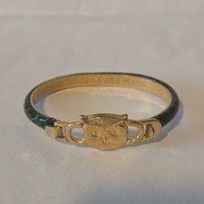 Vintage Gucci 24KT Gold Plated Green Leather Bangle Bracelet Italy Owl Design picture