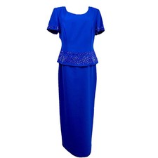 Vintage R&M Richards Dress Womens 10 Blue Beaded Crepe Maxi Hong Kong Formal picture