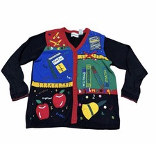 Donnkenny Classics School Teacher Novelty Cardigan Sweater Medium Vintage  picture