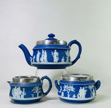 3 Antique Wedgwood Dark Blue Jasper Ware Teapot Tea Set Hallmarked Silver Rims picture
