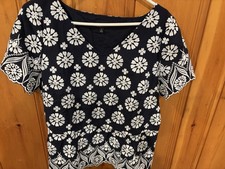 Talbots Women's Top Sz 12 Solid Black White Snowflake 100% Cotton Short Sleeve picture