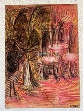 Remedios Varo (Handmade) Drawing On old Paper Signed & Stamped, Vtg Art picture