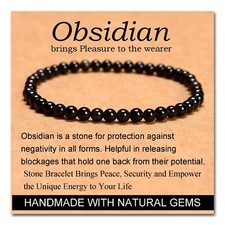 Black Obsidian 4mm Stone Crystal Beaded Healing Protection Women Bracelet Gifts picture