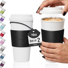 Copco Acadia Travel Mug 16 Oz- Set of 2 -Dishwasher Safe -White w/ Black Sleeves picture