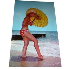 Vintage Bunny Yeager Pinup Postcard GN2 Cheerful Charmer Florida Bikini Parasol picture