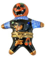 LIMOGES PEINT MAIN Trinket Box JACK-O-LANTERN HALLOWEEN SCARECROW-Bat Clasp-Rare picture