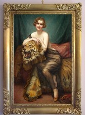 Hand Painted Oil Painting Vintage Lady with Tiger Skin Classical Female Figure picture