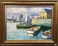 French Brittany O/C Impressionist Harbor Scene Mid 20th Century Impasto, Signed picture