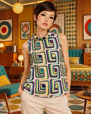 Boden Retro 60s Mod Geometric Multicolor Linen Mock Neck Top Button Back 16 Plus picture