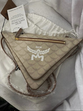 MCM Visetos Beige Triangle Small Crossbody Brown Leather Strap Gold Zip Bag picture