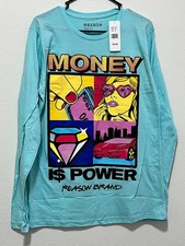 Reason Clothing Money Is Power Long Sleeve Tee – Medium – Teal – Pop Art Graphic picture