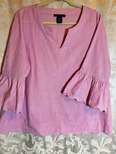 Preswick & Moore Women’s XL Pink White Striped Woven Cotton V-Neck Ruffle Blouse picture
