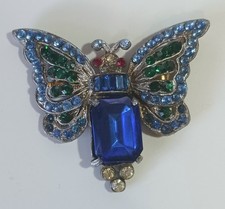 Antique? Art Deco Silvertone Butterfly Brooch w/ Blue Green Red Stones & C-clasp picture