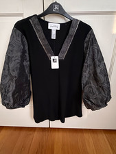 NWT Joseph Ribkoff Black Gray Floral Jacquard V Neck Puff Sleeve Blouse Size 10 picture