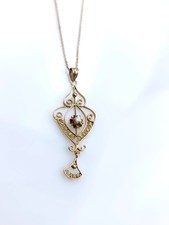 Antique Edwardian 14k Gold Diamond Lavalier Necklace, Filigree Drop Pendant picture