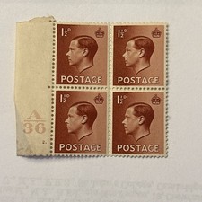 GB EDVIII 1936 SG459 1½d. red brown Block of 4 Control A36 Cyl.2 Dot  picture