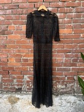 Antique 20s 30s Art Nouveau Deco Gothic Lace Tailored Black Maxi Dress XS picture