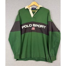 Vintage Polo Sport Ralph Lauren Rugby Shirt Green Black Long Sleeve Mens M 90s picture