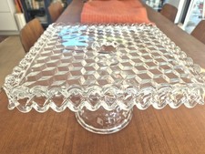 Vintage Fostoria American 2056 Glass Square Pedestal Cake Stand Plate w/Rum Well picture