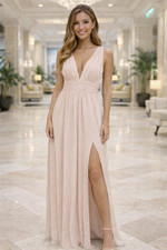 Lulus Size M Heavenly Hues Pink Blush Chiffon Deep V-Neck Maxi Dress picture