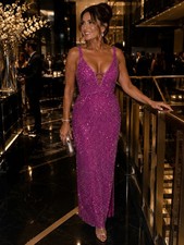 Vintage Scala Silk Beaded Sequin Backless Pink Long Gown Medium picture