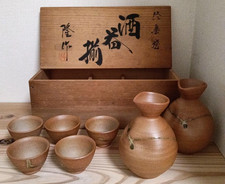 Japanese Shigaraki Ware Pottery Tokkuri 2 Sake Bottles & Ochoko 5 Cups w/ Box picture