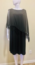 R&M Richards Plus Size 16W Black Dress Attached Fringed Caplet Over Sheath Dress picture