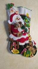 Bucilla Christmas Stocking felt Hand stitched finished Jolly Pups and Santa picture
