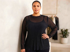ELOQUII Plus Size Black Sheer Pleated Long Sleeve Blouse Top Round Neck 2X 26/28 picture