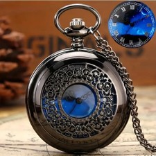 Exquisite Starry Blue Dial Quartz Pocket Watch Roman Numerals Gift picture