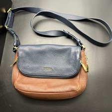 Fossil Preston Small Flap Crossbody Bag In Navy Blue And Brown picture