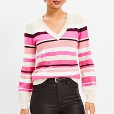 NWT Loft Stripe Relaxed V-Neck Sweater in Beachside Khaki Heather Size S picture